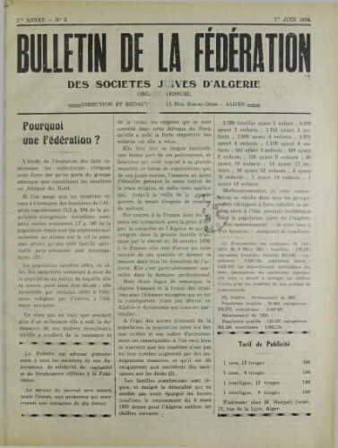 Bulletin de la Fédération des sociétés juives d’Algérie  V°01 N°02 (01/06/1934)
